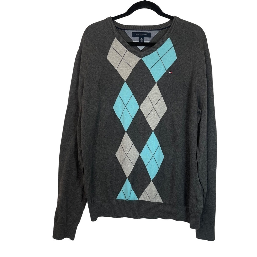 Tommy Hilfiger Grey Turquoise 100% Cotton Argyle Diamond Long Sleeve Swe…